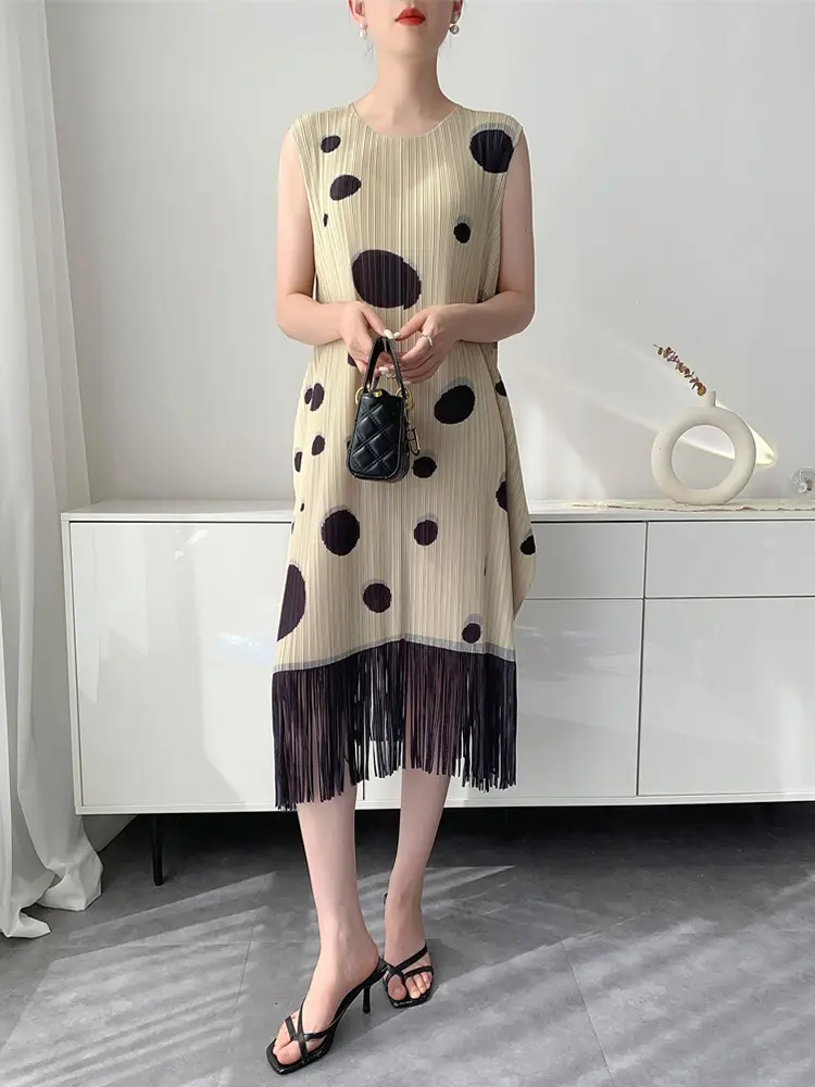 LANMREM Niche Chic Black Dot Printting Tassel Patchwork Design Pleated Dress Women's 2025 New Summer Sleeveless Dresses 2DB3079