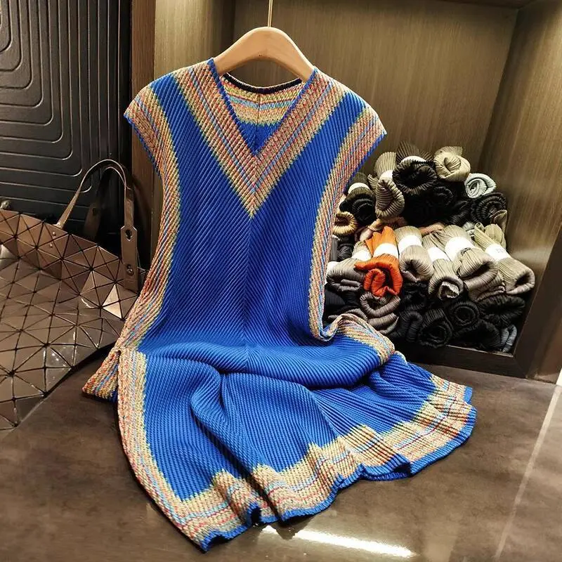 LANMREM Summer Ethnic Style Simple Dragon Scale Pleated Dress Women's High Elastic Colorblock Printting V-neck Clothing 2DB3967