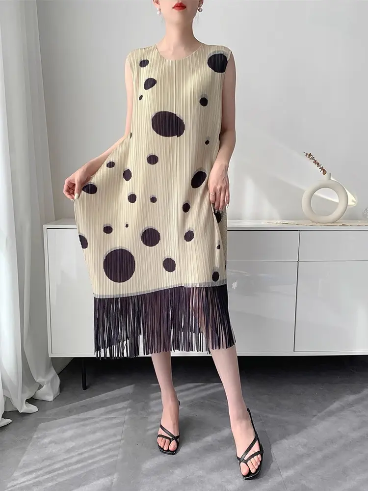 LANMREM Niche Chic Black Dot Printting Tassel Patchwork Design Pleated Dress Women's 2025 New Summer Sleeveless Dresses 2DB3079