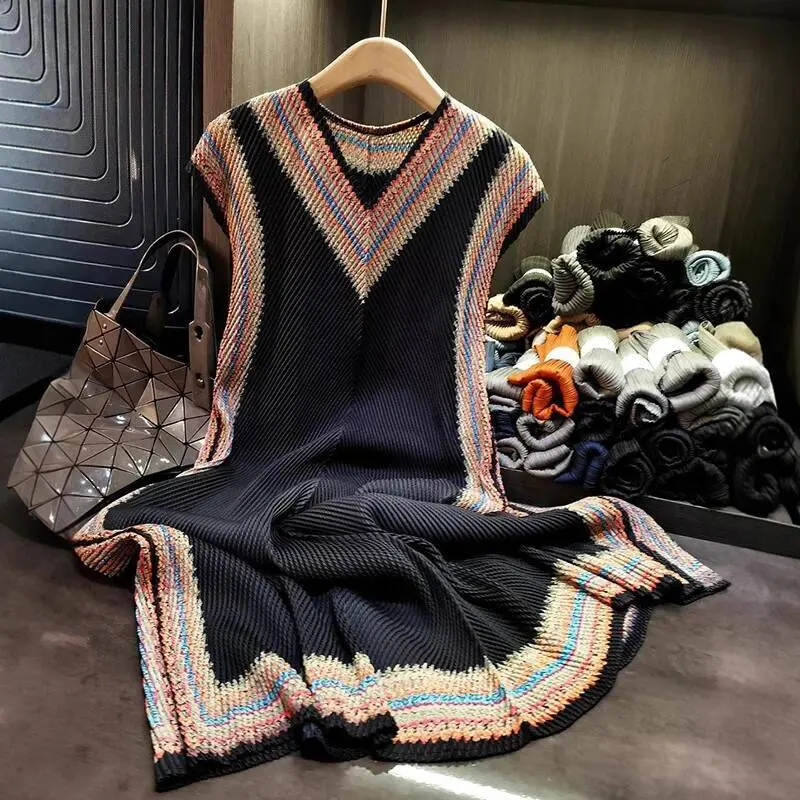 LANMREM Summer Ethnic Style Simple Dragon Scale Pleated Dress Women's High Elastic Colorblock Printting V-neck Clothing 2DB3967