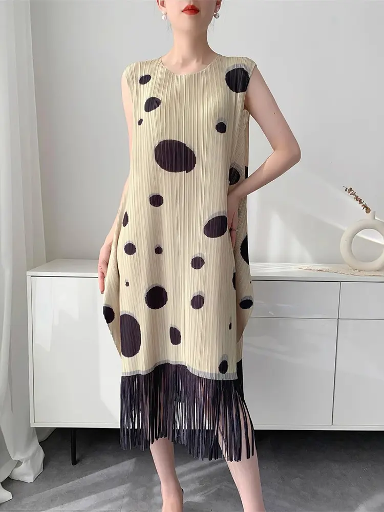 LANMREM Niche Chic Black Dot Printting Tassel Patchwork Design Pleated Dress Women's 2025 New Summer Sleeveless Dresses 2DB3079