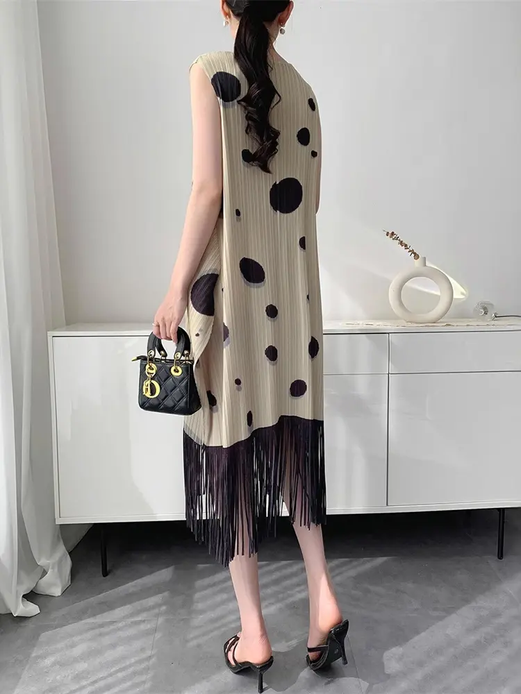LANMREM Niche Chic Black Dot Printting Tassel Patchwork Design Pleated Dress Women's 2025 New Summer Sleeveless Dresses 2DB3079