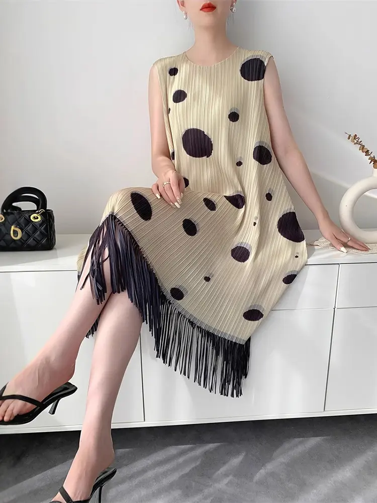 LANMREM Niche Chic Black Dot Printting Tassel Patchwork Design Pleated Dress Women's 2025 New Summer Sleeveless Dresses 2DB3079