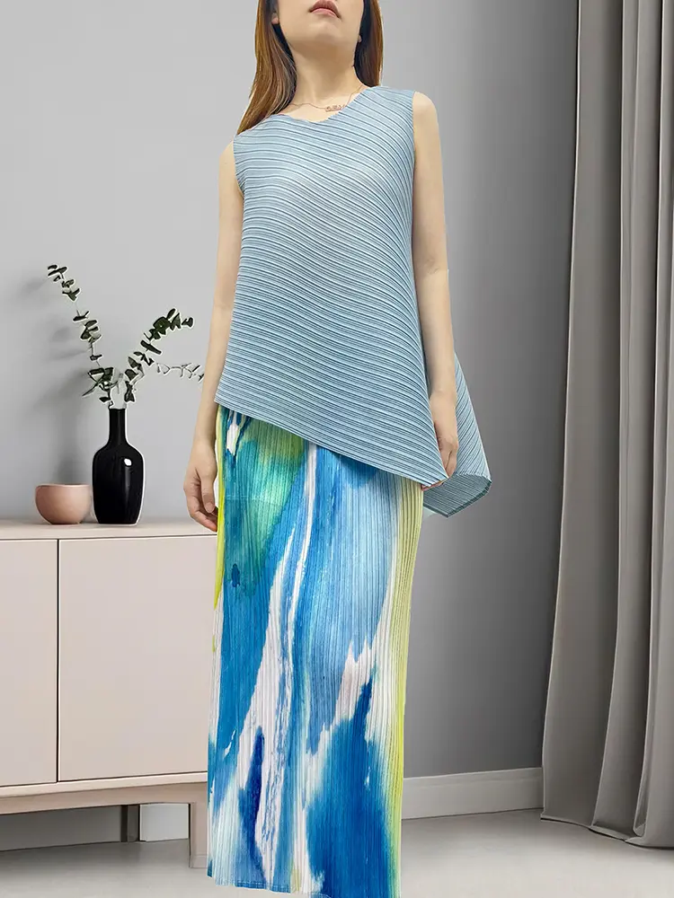 LANMREM Irregular Chic New Women's Pleated Two Pieces Set Sleeveless Elastic Loose T-shirt And Printting Straight Skirts 2DB3592