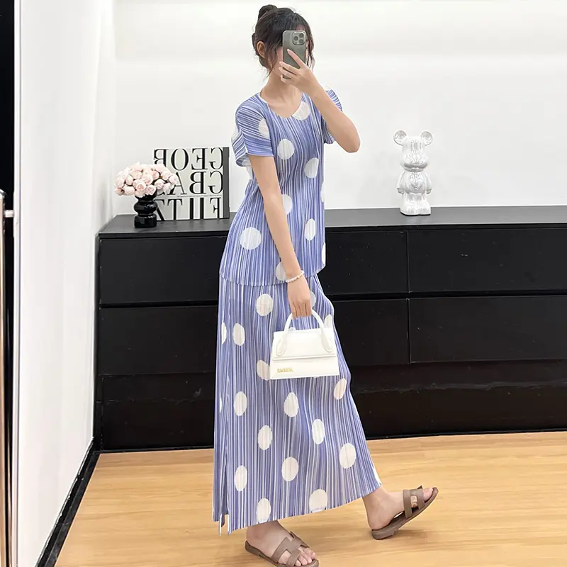 LANMREM Polka Dot Printting Pleated Women's Two Pieces Set Elastic Slim Short Sleeve T-shirt And Straight Skirt Chic New 2DB3779