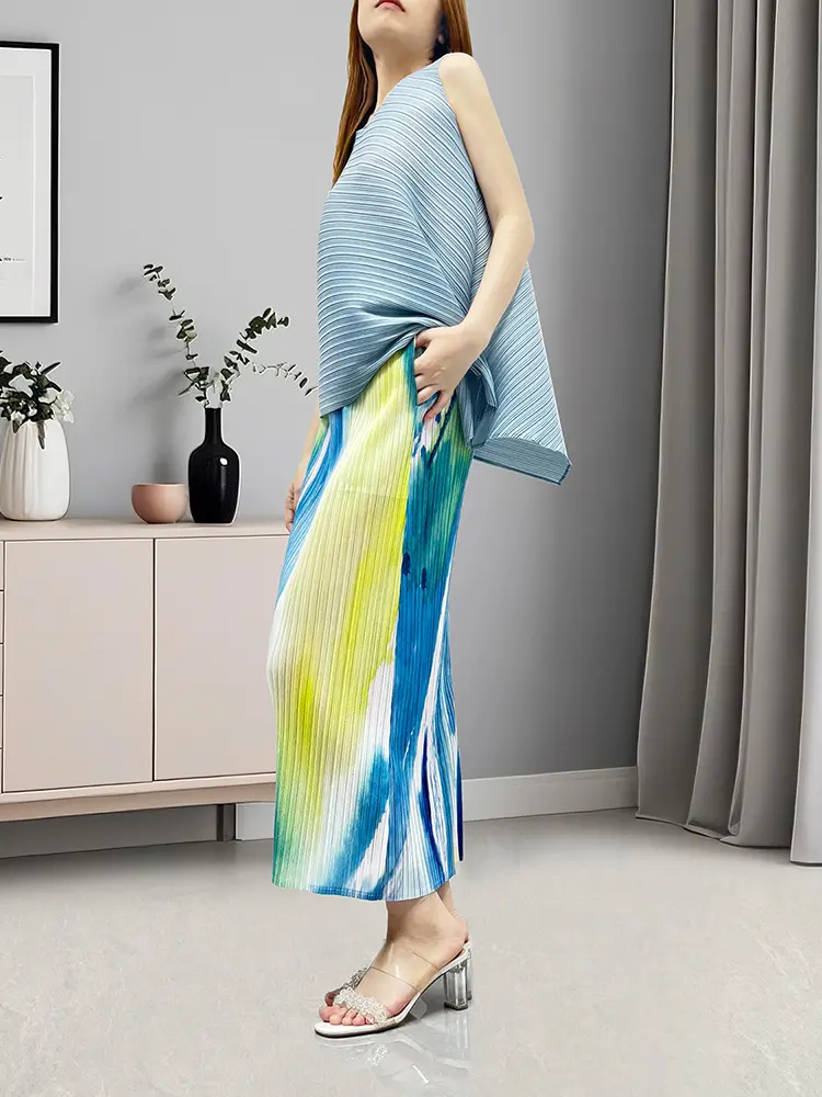 LANMREM Irregular Chic New Women's Pleated Two Pieces Set Sleeveless Elastic Loose T-shirt And Printting Straight Skirts 2DB3592