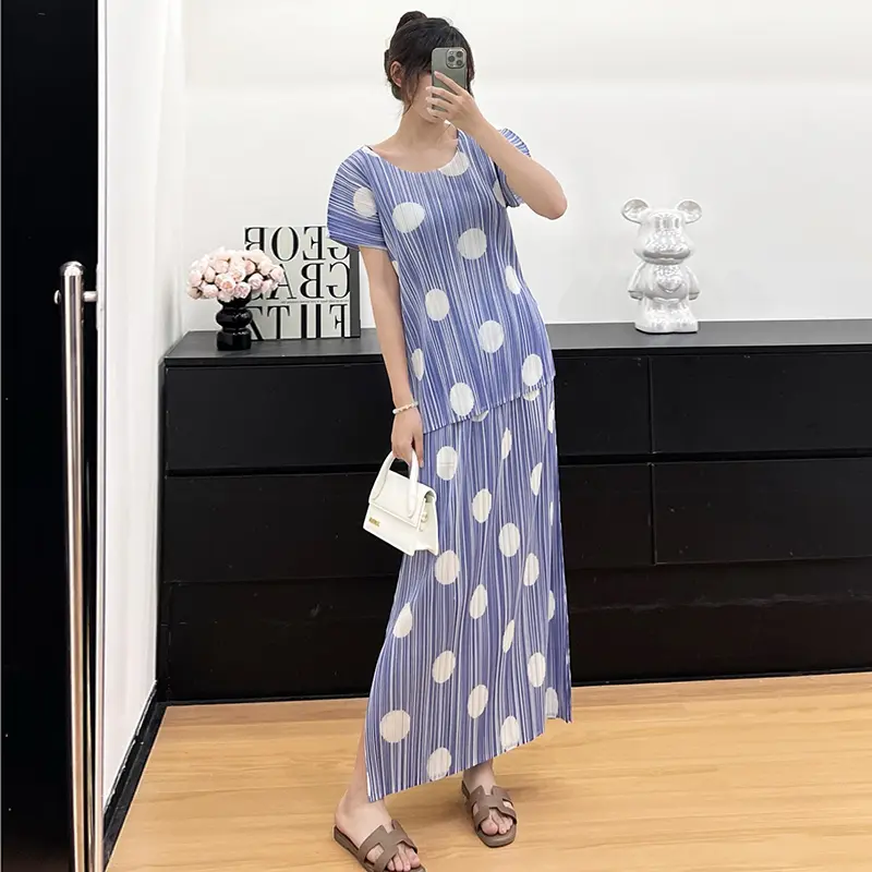 LANMREM Polka Dot Printting Pleated Women's Two Pieces Set Elastic Slim Short Sleeve T-shirt And Straight Skirt Chic New 2DB3779