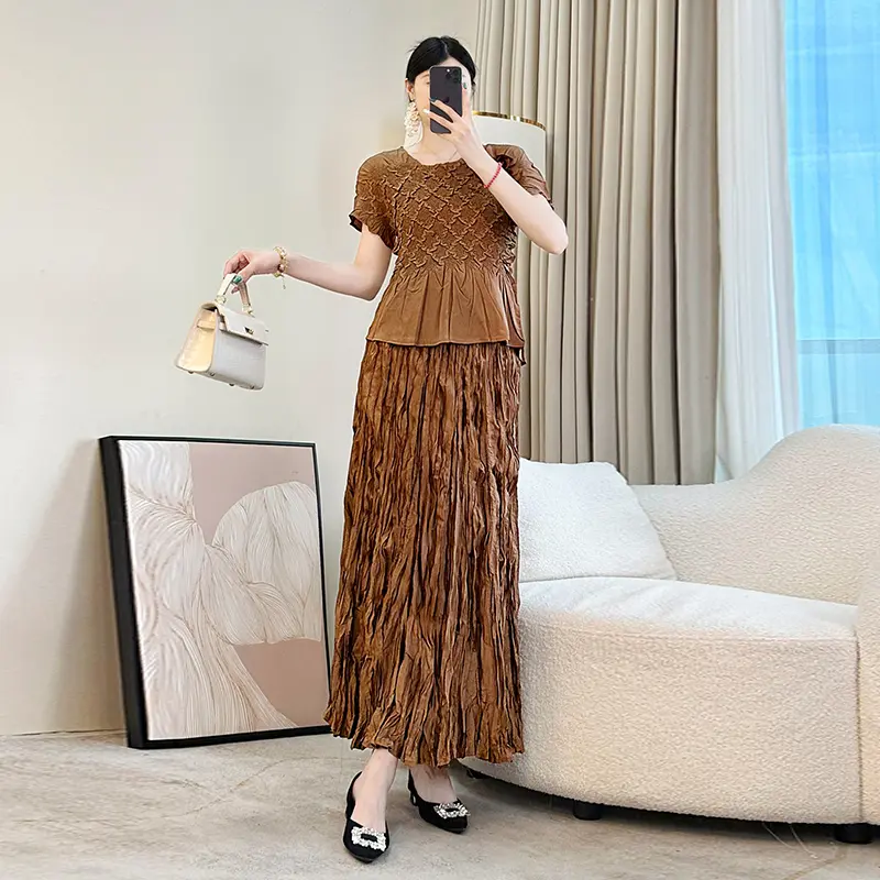 LANMREM Niche Design Pleasted Women's Two Pieces Set Short Sleeve Pullover Tops And A-line Skirts Casual Chic 2025 New 2DB2993