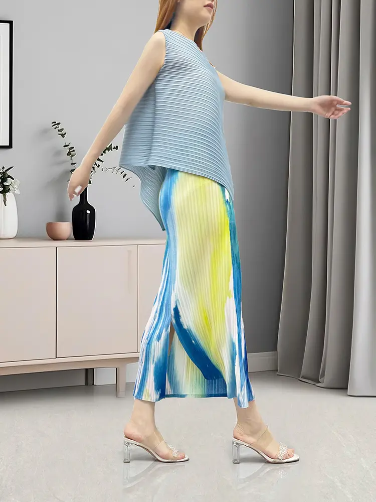 LANMREM Irregular Chic New Women's Pleated Two Pieces Set Sleeveless Elastic Loose T-shirt And Printting Straight Skirts 2DB3592