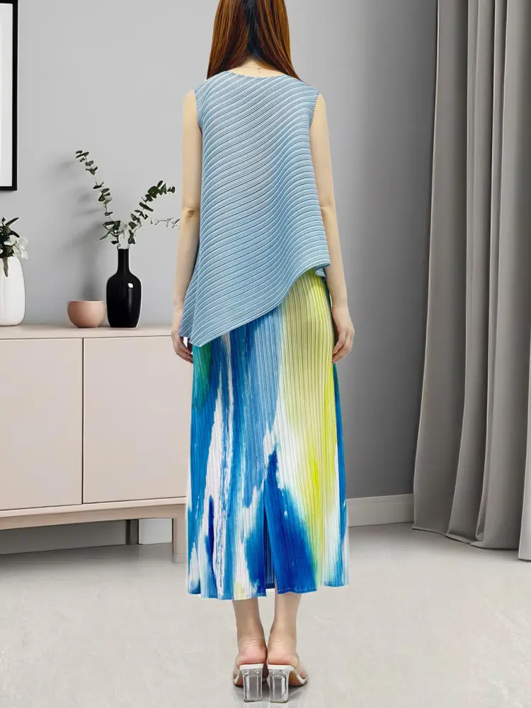 LANMREM Irregular Chic New Women's Pleated Two Pieces Set Sleeveless Elastic Loose T-shirt And Printting Straight Skirts 2DB3592