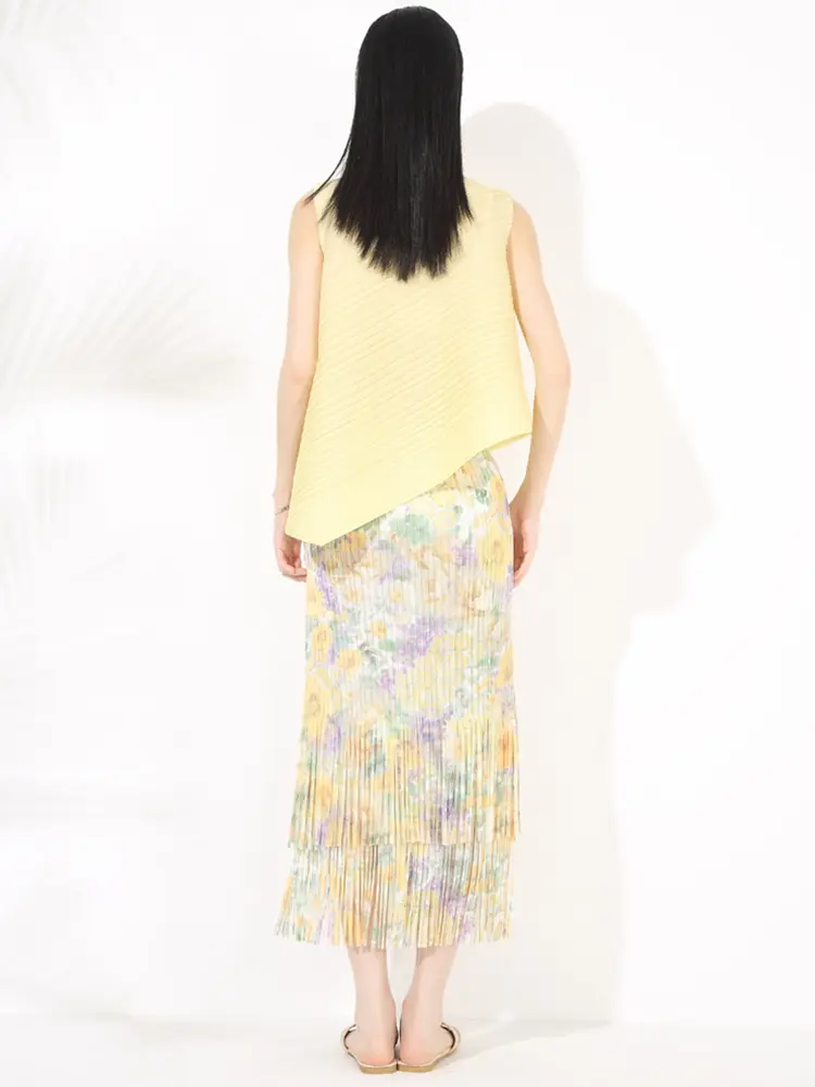 LANMREM Asymmetric Sleeveless Top And Printting Tassel Skirt Pleated Two Pieces Set For Women Loose Causal Summer Sets 2DB2841