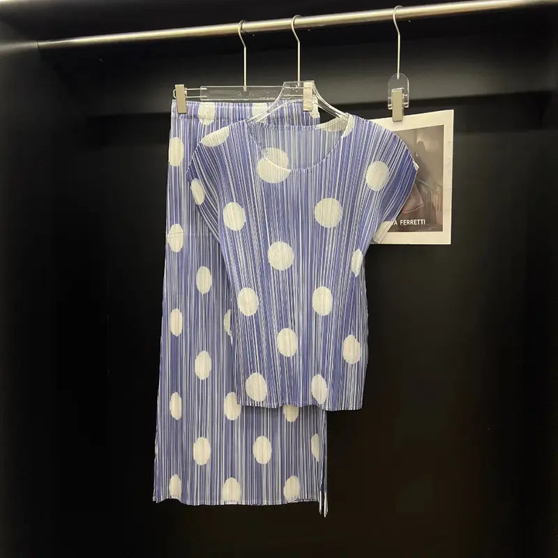 LANMREM Polka Dot Printting Pleated Women's Two Pieces Set Elastic Slim Short Sleeve T-shirt And Straight Skirt Chic New 2DB3779