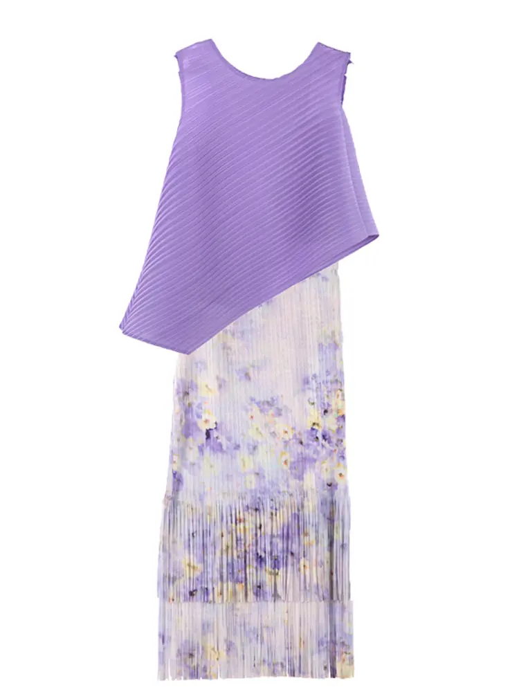 LANMREM Asymmetric Sleeveless Top And Printting Tassel Skirt Pleated Two Pieces Set For Women Loose Causal Summer Sets 2DB2841