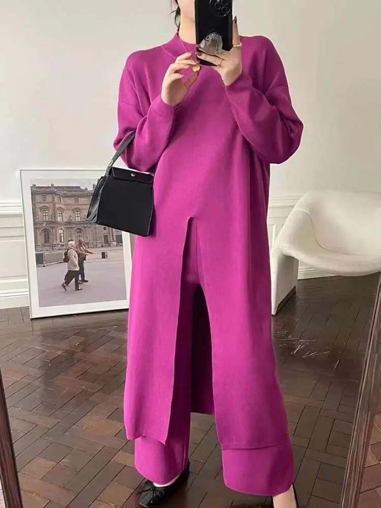 LANMREM 2 Pieces Knitted Sets Women Round Neck Long Sleeves Split Long Pullover With Wide Leg Trousers Autumn Winter 2DB1487