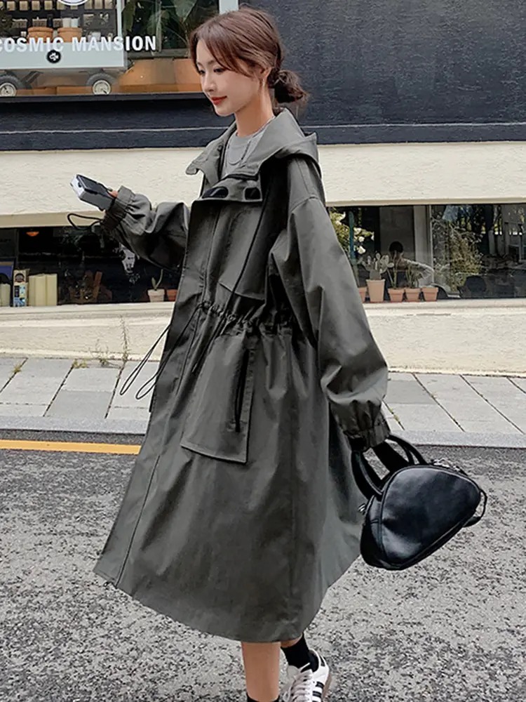 LANMREM Women's Hooded Solid Color Trench Fashion Pockets Zipper Drawstring Gathered Waist Windbreaker 2023 Autumn New 2AA2474