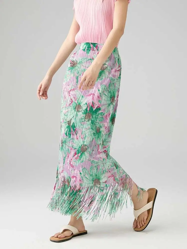 LANMREM 2025 Summer Fashion Temperament Printed Pleated Skirt Mid Length Straight Wrapped Tassel Spliced A-line Skirts 2DB2534