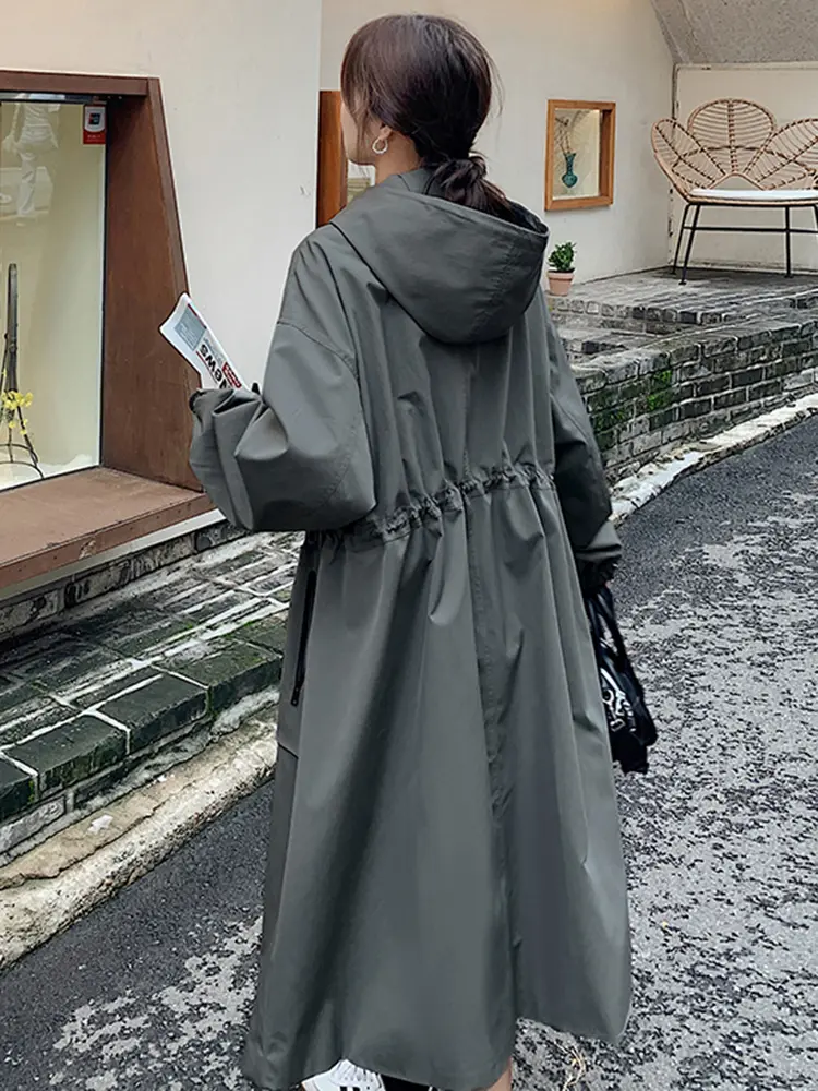 LANMREM Women's Hooded Solid Color Trench Fashion Pockets Zipper Drawstring Gathered Waist Windbreaker 2023 Autumn New 2AA2474