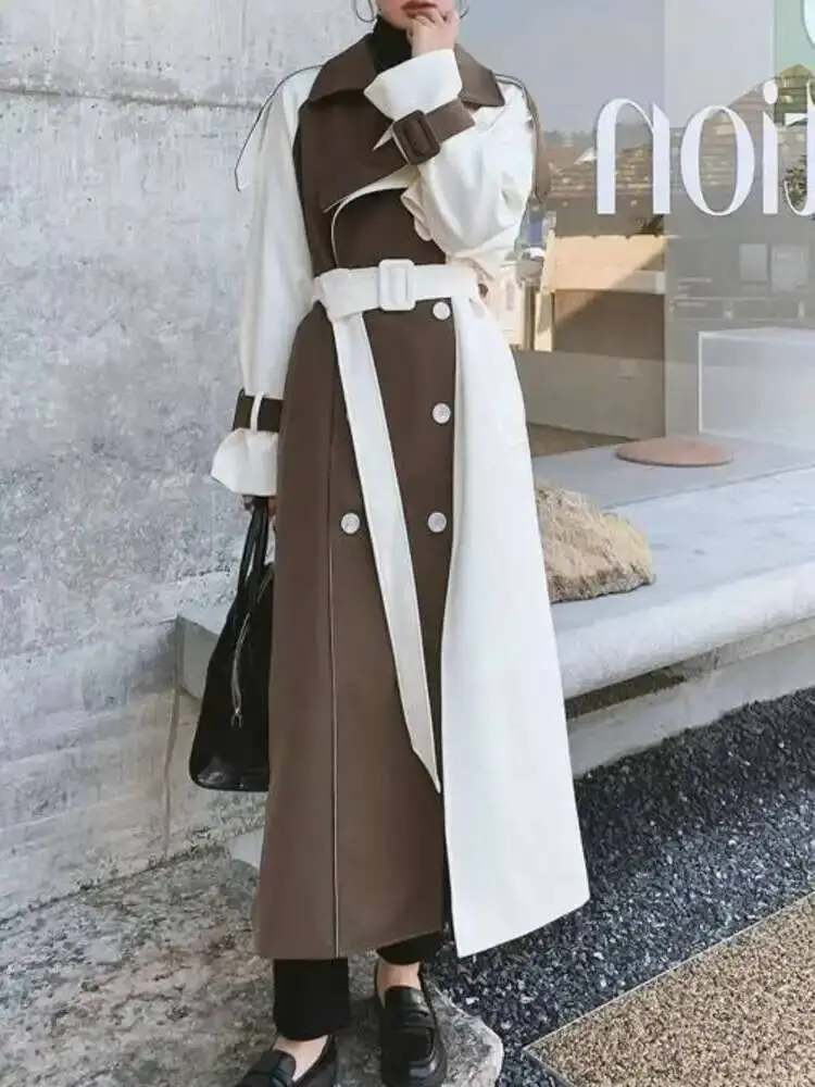 LANMREM Women Color Block Trench Coat Double Breasted Patchwork 2025 Spring Winter Female Fashion Streetwear Windbreaker 2C740