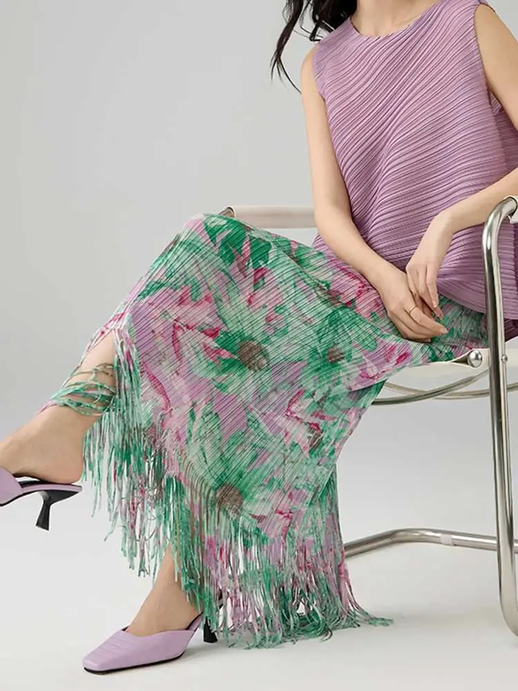 LANMREM 2025 Summer Fashion Temperament Printed Pleated Skirt Mid Length Straight Wrapped Tassel Spliced A-line Skirts 2DB2534