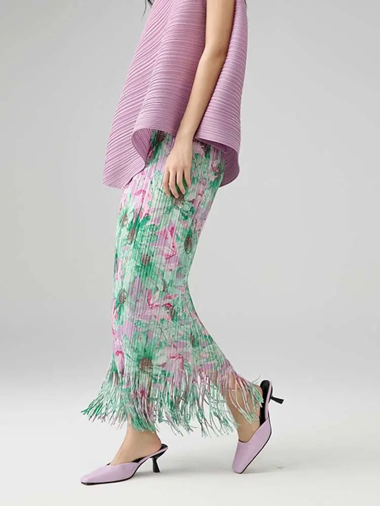 LANMREM 2025 Summer Fashion Temperament Printed Pleated Skirt Mid Length Straight Wrapped Tassel Spliced A-line Skirts 2DB2534