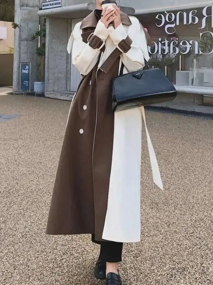 LANMREM Women Color Block Trench Coat Double Breasted Patchwork 2025 Spring Winter Female Fashion Streetwear Windbreaker 2C740