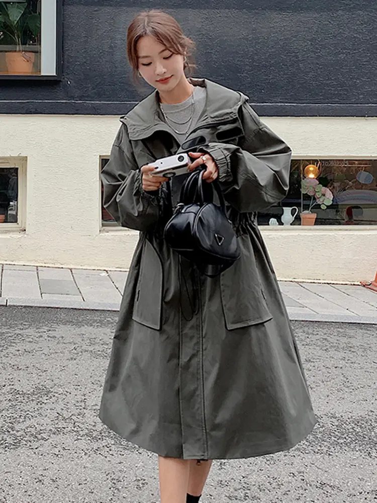 LANMREM Women's Hooded Solid Color Trench Fashion Pockets Zipper Drawstring Gathered Waist Windbreaker 2023 Autumn New 2AA2474