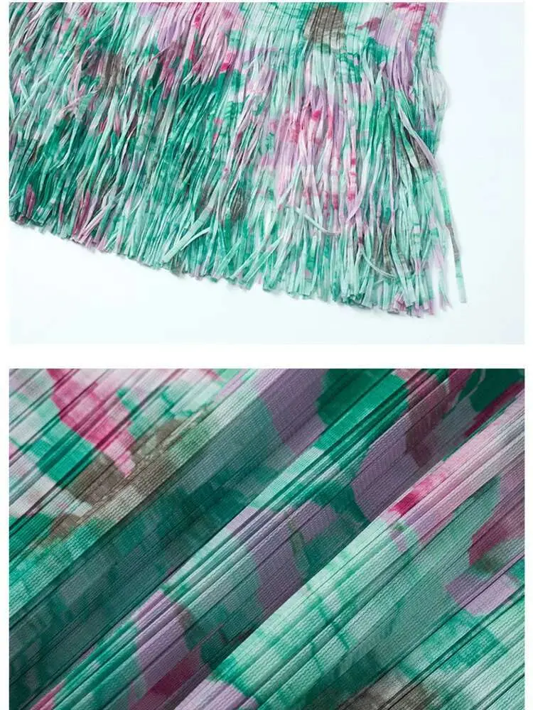 LANMREM 2025 Summer Fashion Temperament Printed Pleated Skirt Mid Length Straight Wrapped Tassel Spliced A-line Skirts 2DB2534