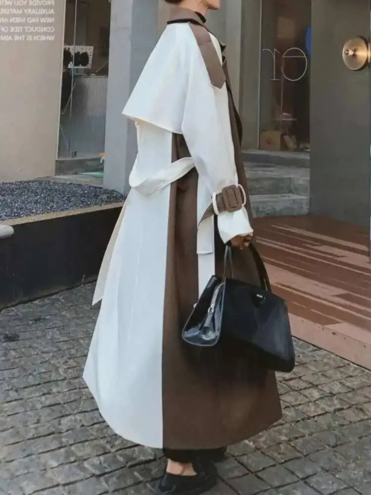 LANMREM Women Color Block Trench Coat Double Breasted Patchwork 2025 Spring Winter Female Fashion Streetwear Windbreaker 2C740