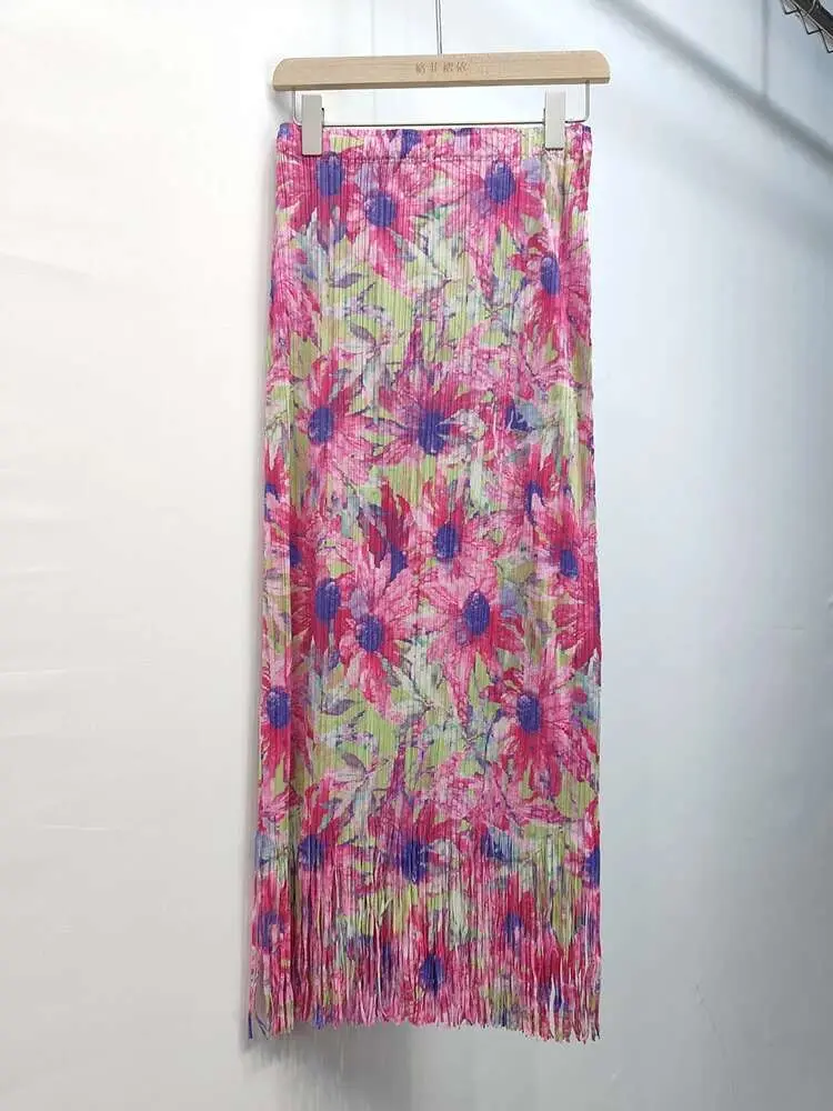 LANMREM 2025 Summer Fashion Temperament Printed Pleated Skirt Mid Length Straight Wrapped Tassel Spliced A-line Skirts 2DB2534
