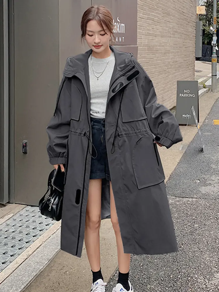 LANMREM Women's Hooded Solid Color Trench Fashion Pockets Zipper Drawstring Gathered Waist Windbreaker 2023 Autumn New 2AA2474