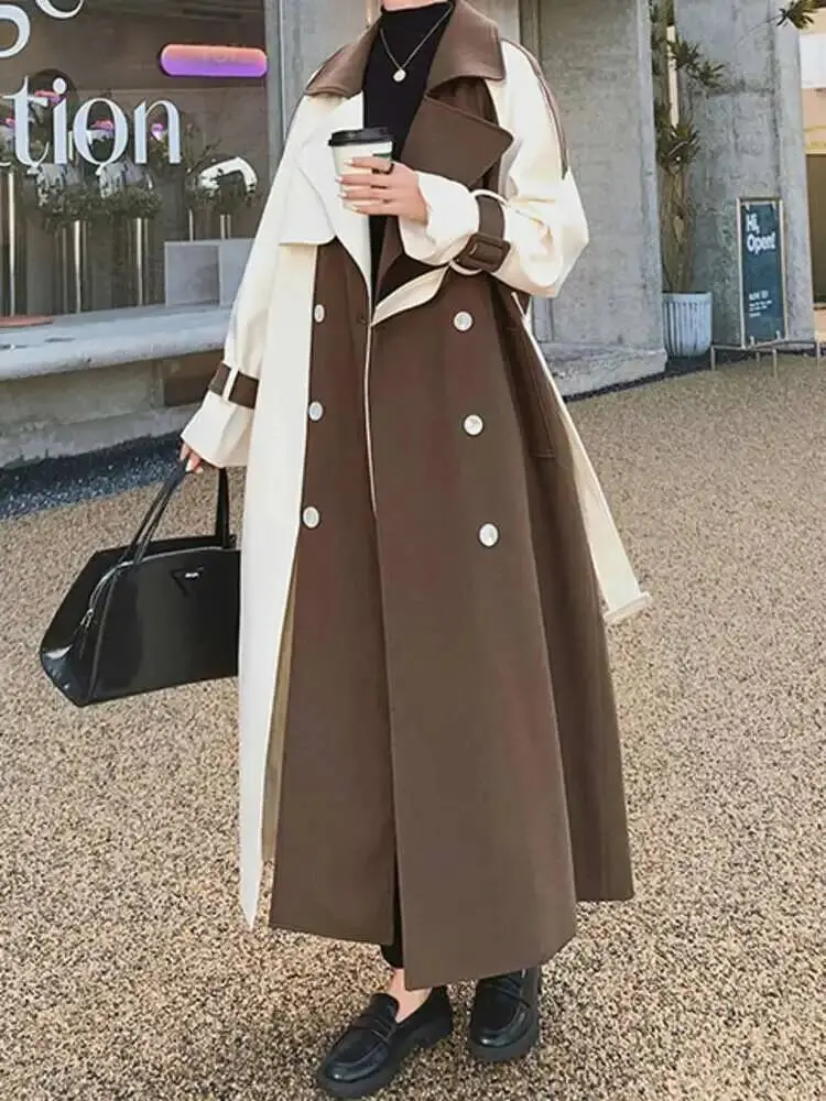 LANMREM Women Color Block Trench Coat Double Breasted Patchwork 2025 Spring Winter Female Fashion Streetwear Windbreaker 2C740