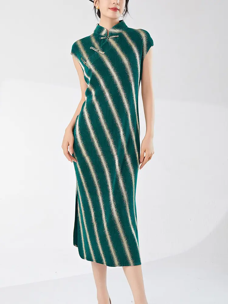 LANMREM High End New Chinese Style Striped Cheongsam Dress For Women Summer Elegance Elastic Slim Sleeveless Dresses 2DB3461