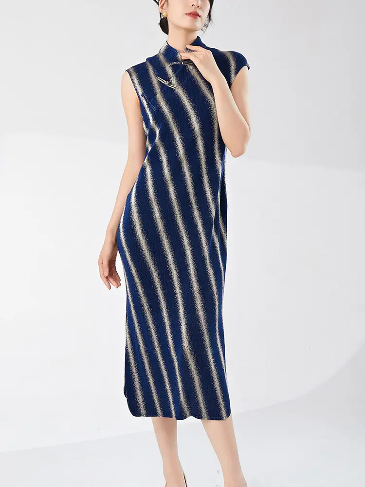 LANMREM High End New Chinese Style Striped Cheongsam Dress For Women Summer Elegance Elastic Slim Sleeveless Dresses 2DB3461