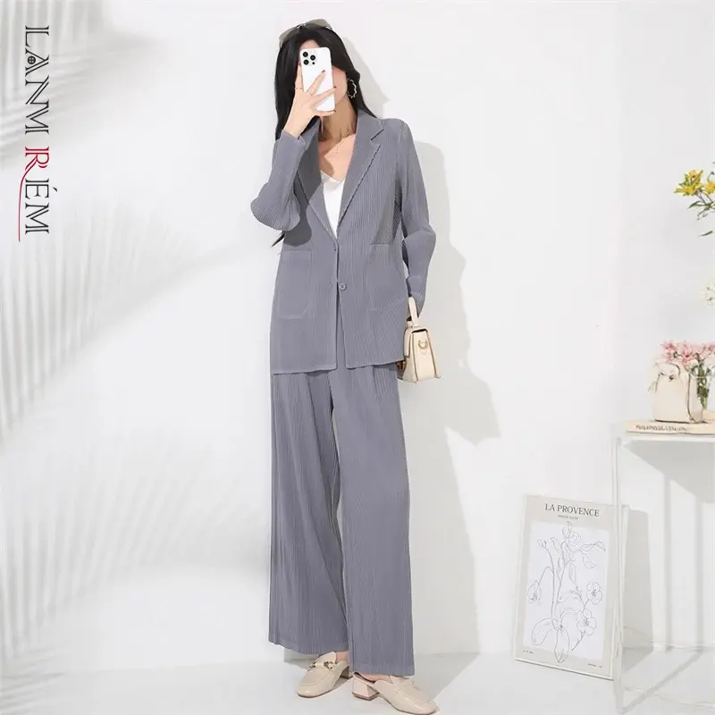 LANMREM Pleated Women's Fashionable High-End Two-Piece Set Elegant Long Sleeve Blazer And Versatile Straight-Leg Pants 2DB4148