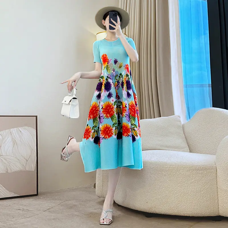 LANMREM Summer Short Sleeve Pelated Printting Women's Dress Elastic Casual Round Collar A Line Ball Gown Dresses Chic 2DB3898