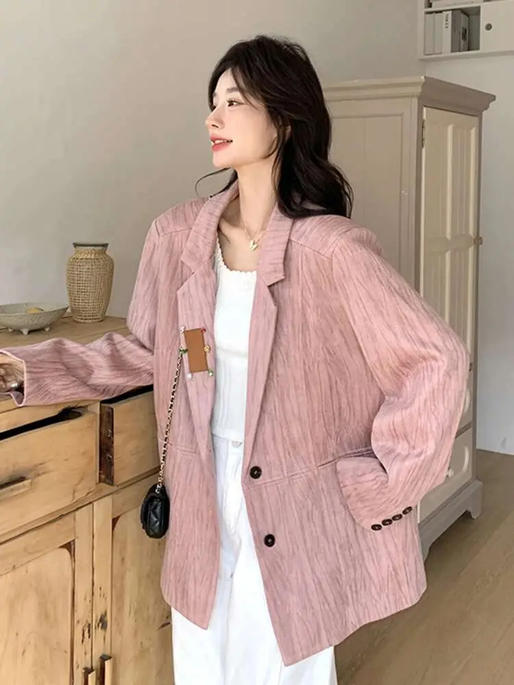 LANMREM Textured Pink Suede Blazer Women's 2025 Spring New Lapel Single Breasted Long Sleeve Fashion Trend Suit Jacket 2DE593
