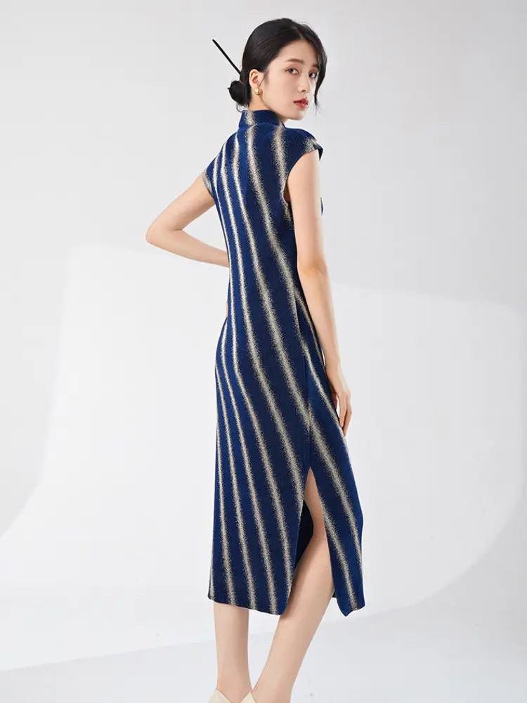 LANMREM High End New Chinese Style Striped Cheongsam Dress For Women Summer Elegance Elastic Slim Sleeveless Dresses 2DB3461