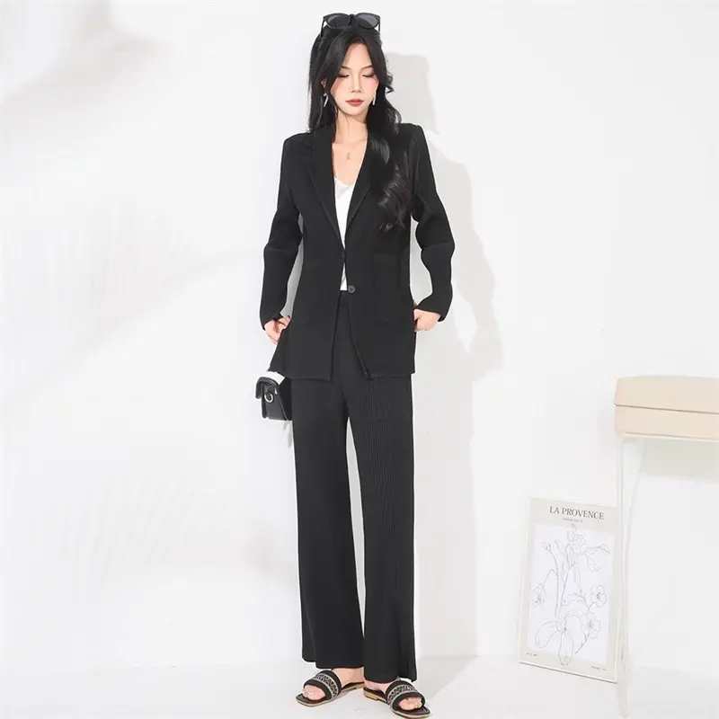 LANMREM Pleated Women's Fashionable High-End Two-Piece Set Elegant Long Sleeve Blazer And Versatile Straight-Leg Pants 2DB4148