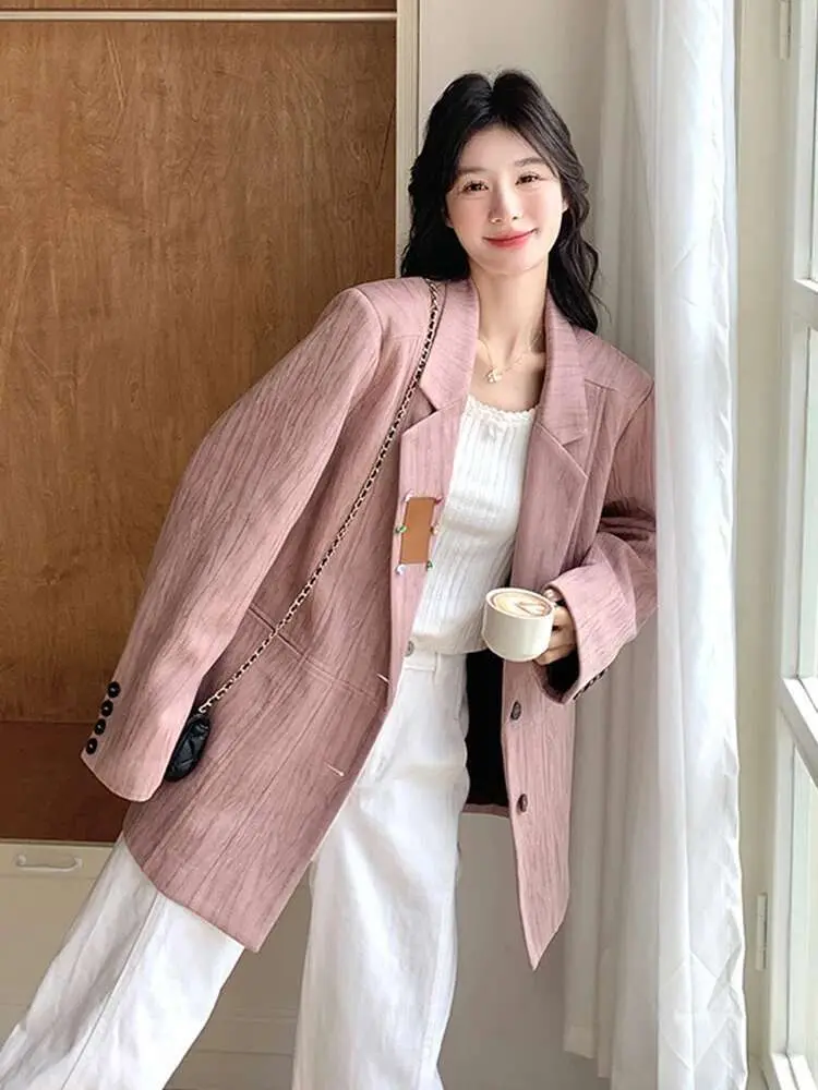LANMREM Textured Pink Suede Blazer Women's 2025 Spring New Lapel Single Breasted Long Sleeve Fashion Trend Suit Jacket 2DE593