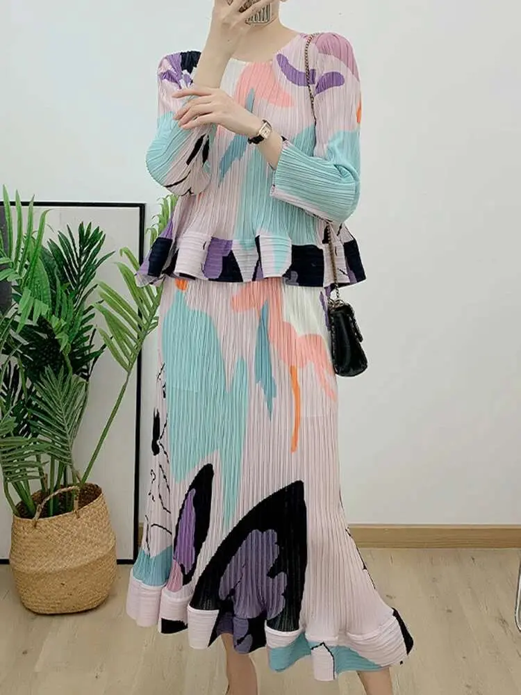 LANMREM Fashion Pleated Printing Sets Women Long Sleeves Tops High Waist Trumpet Skirt Elegant 2025 Spring New Clothing 2AA2563