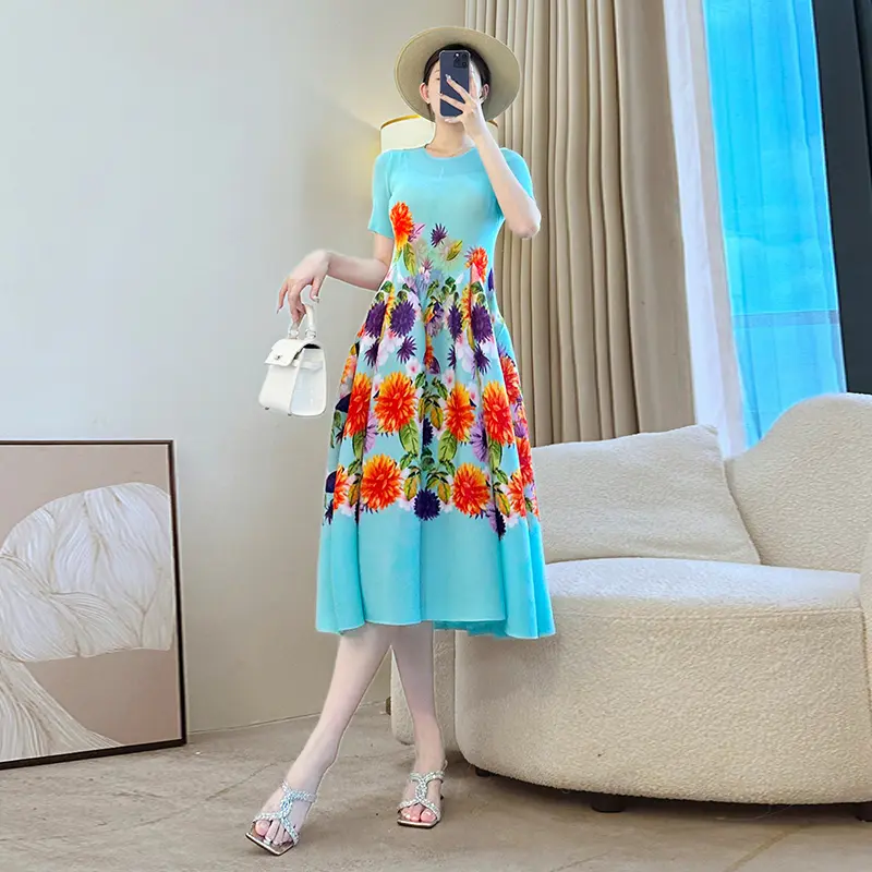 LANMREM Summer Short Sleeve Pelated Printting Women's Dress Elastic Casual Round Collar A Line Ball Gown Dresses Chic 2DB3898