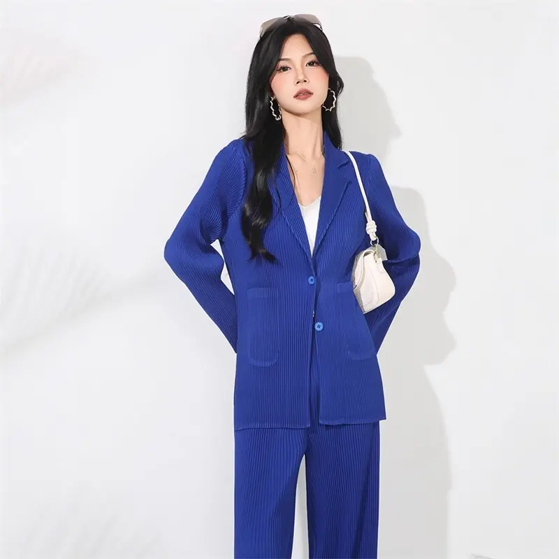 LANMREM Pleated Women's Fashionable High-End Two-Piece Set Elegant Long Sleeve Blazer And Versatile Straight-Leg Pants 2DB4148