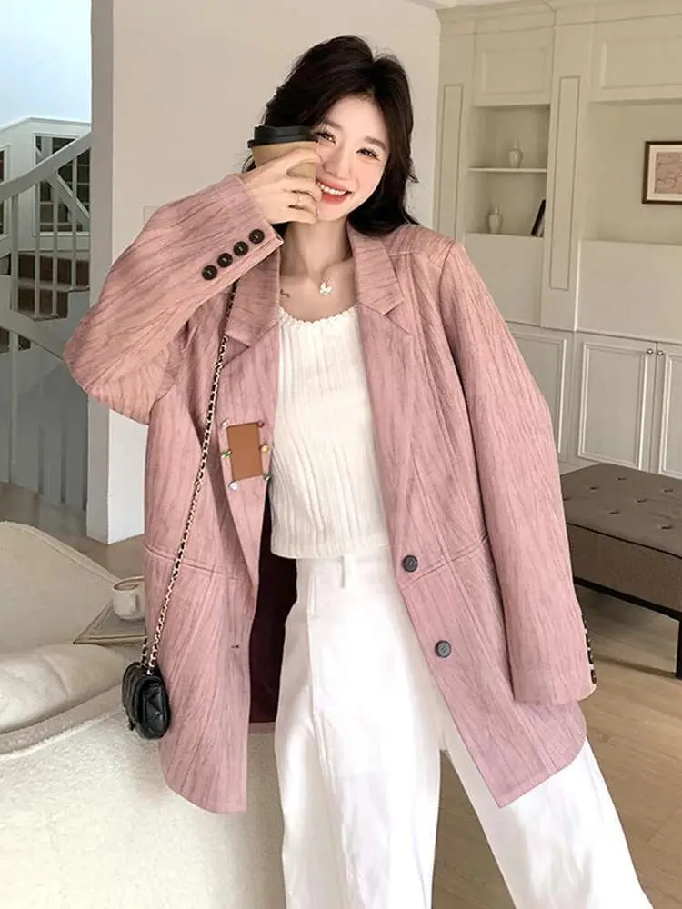 LANMREM Textured Pink Suede Blazer Women's 2025 Spring New Lapel Single Breasted Long Sleeve Fashion Trend Suit Jacket 2DE593