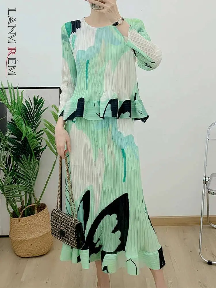 LANMREM Fashion Pleated Printing Sets Women Long Sleeves Tops High Waist Trumpet Skirt Elegant 2025 Spring New Clothing 2AA2563