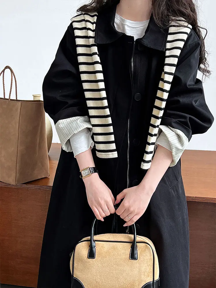 LANMREM Casual Trench For Women Lapel Single Breatsed Cuff Striped Patchwork Mid Length Coat 2024 New Clothing 2Z2223