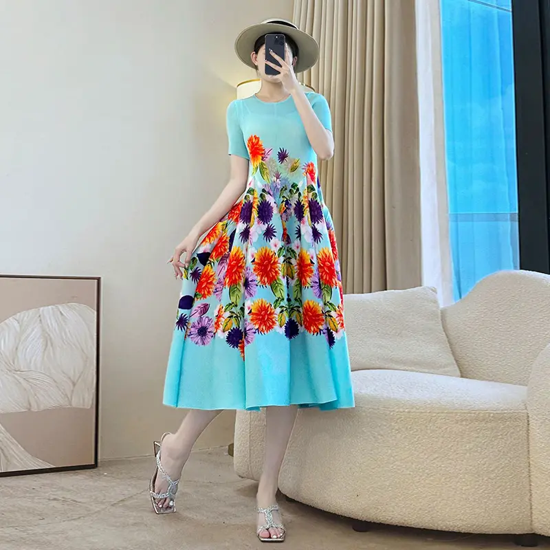 LANMREM Summer Short Sleeve Pelated Printting Women's Dress Elastic Casual Round Collar A Line Ball Gown Dresses Chic 2DB3898