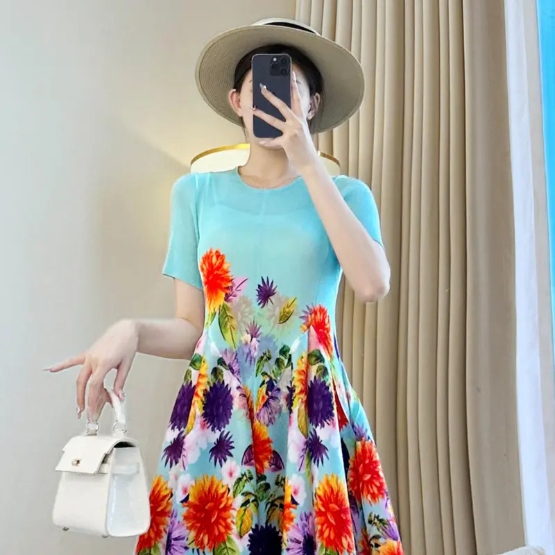 LANMREM Summer Short Sleeve Pelated Printting Women's Dress Elastic Casual Round Collar A Line Ball Gown Dresses Chic 2DB3898