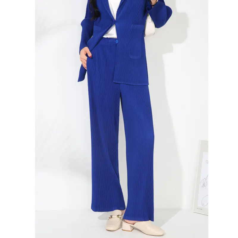 LANMREM Pleated Women's Fashionable High-End Two-Piece Set Elegant Long Sleeve Blazer And Versatile Straight-Leg Pants 2DB4148