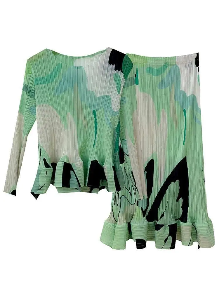 LANMREM Fashion Pleated Printing Sets Women Long Sleeves Tops High Waist Trumpet Skirt Elegant 2025 Spring New Clothing 2AA2563
