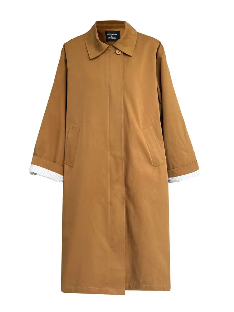 LANMREM Casual Trench For Women Lapel Single Breatsed Cuff Striped Patchwork Mid Length Coat 2024 New Clothing 2Z2223